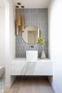 contemporary bathroom, modern bathroom, grey tile, blue tile, marble slab, vanity